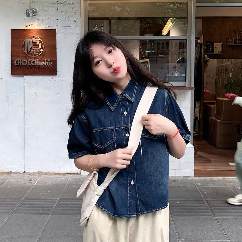 韓国スタイル カジュアルデニムシャツ 半袖