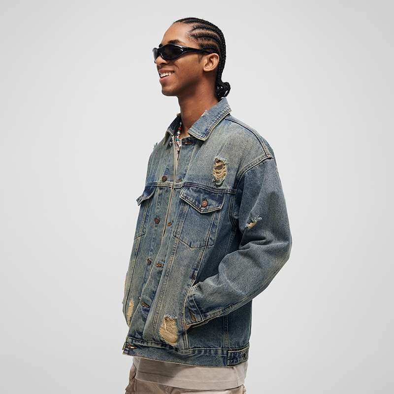 アメリカンカジュアル ヴィンテージ風ダメージ加工オーバーサイズデニムジャケット