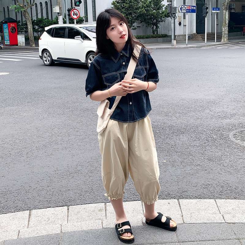 韓国スタイル カジュアルデニムシャツ 半袖