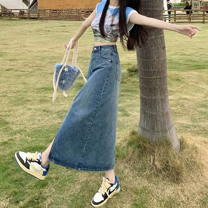 カジュアルスタイル ハイウエストデニムロングタイトスカート