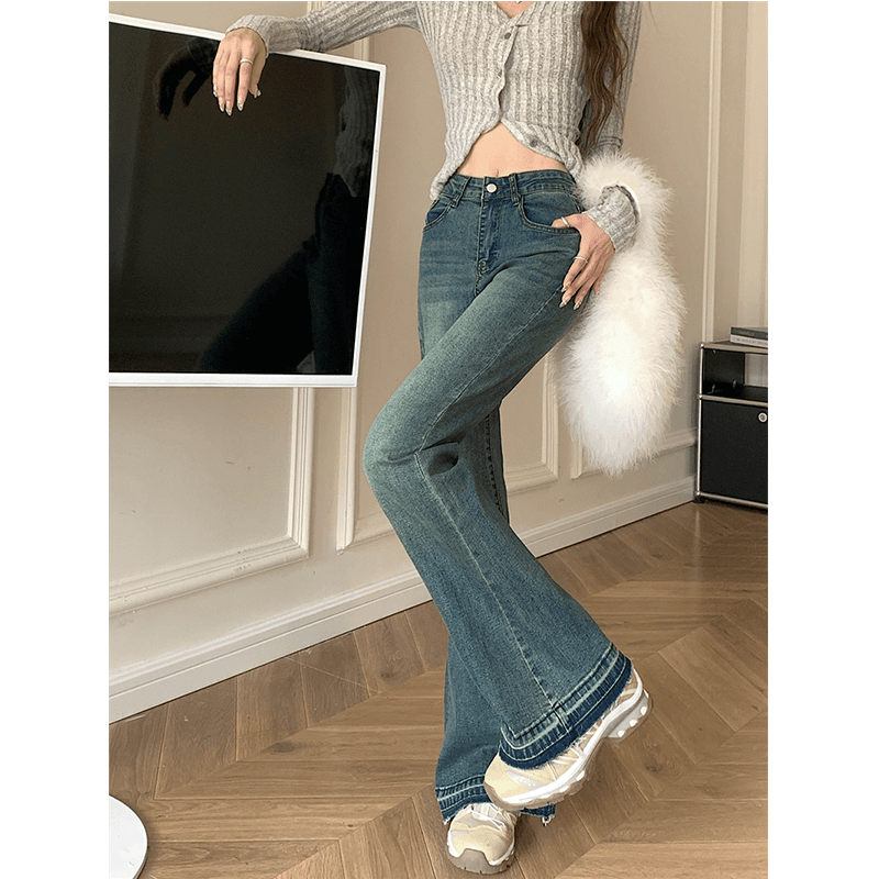 韓国スタイル レトロフレアデニム ハイウエストジーンズパンツ