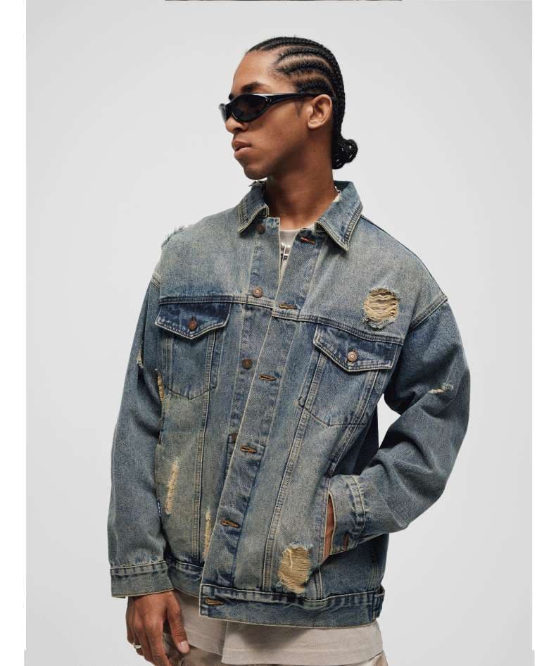 アメリカンカジュアル ヴィンテージ風ダメージ加工オーバーサイズデニムジャケット