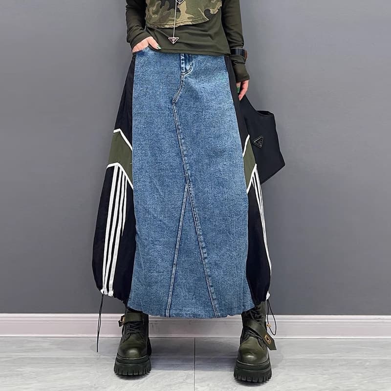 デニムスカート 異素材切替デニムロングスカート