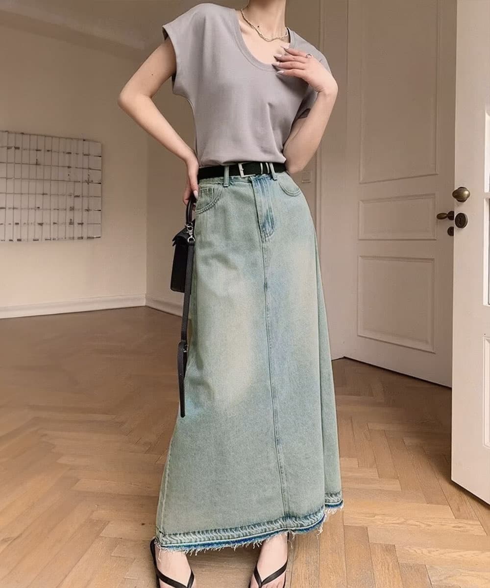 デニムスカート　切りっぱなしフリンジデニムスカート 韓国風ロングスカート