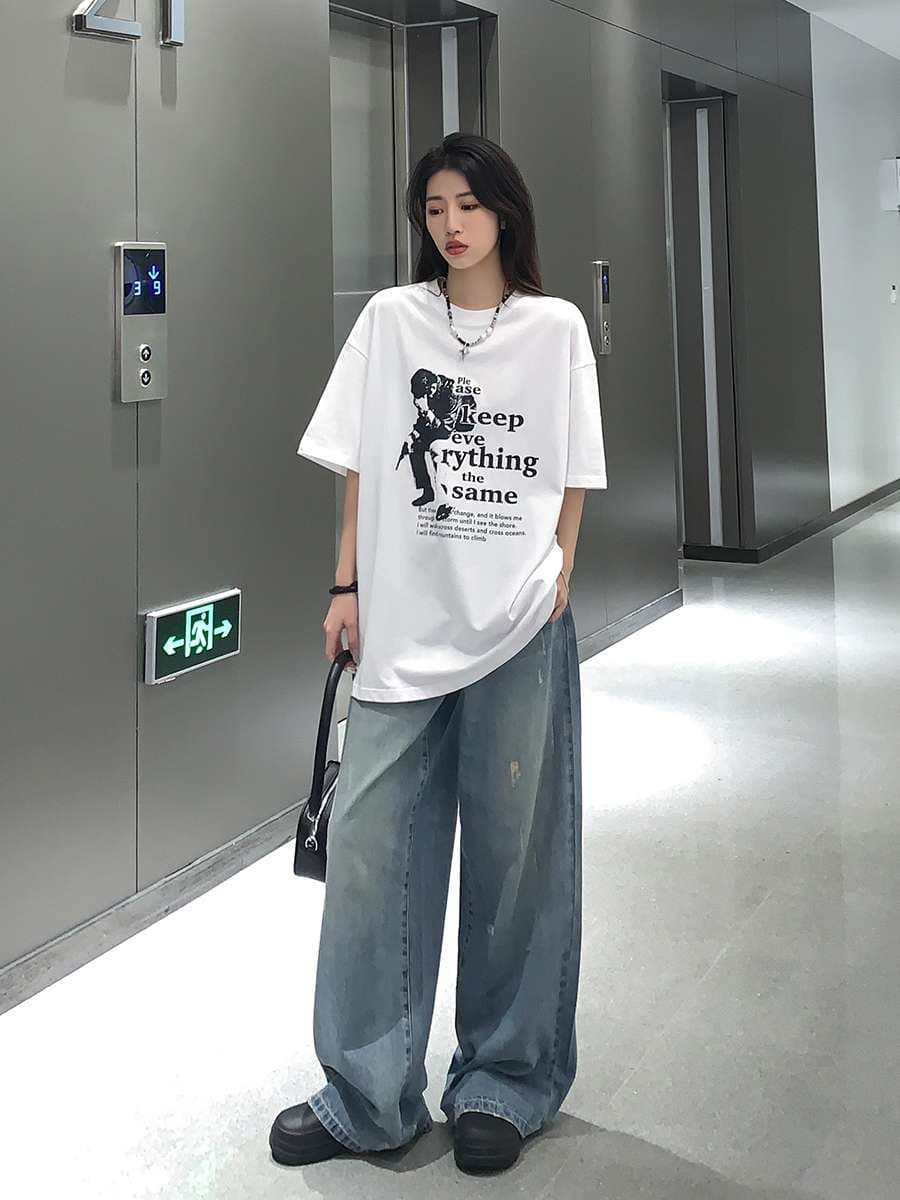 カジュアルスタイル オーバーサイズ ワイドデニムパンツ