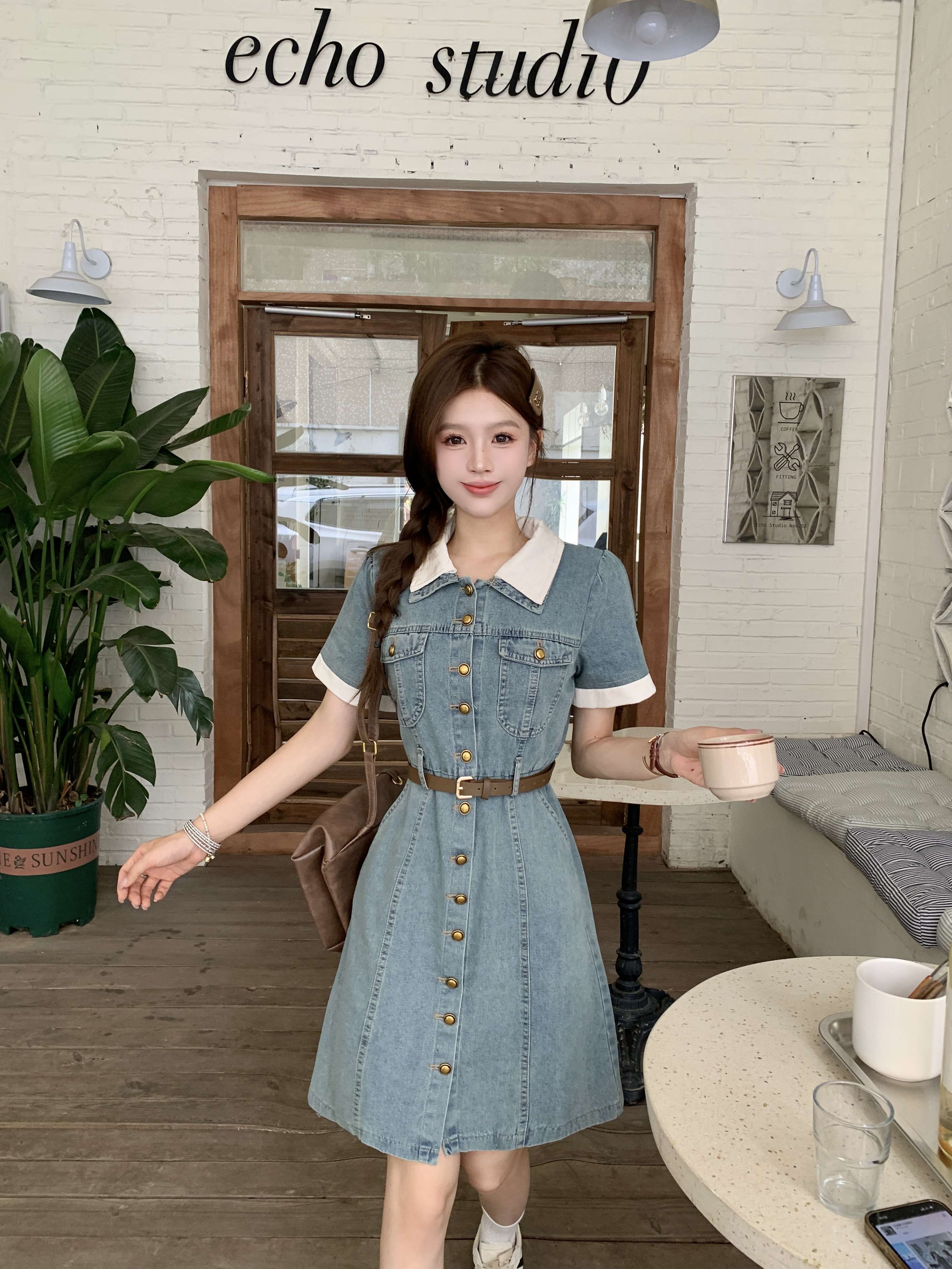 韓国レトロシックスタイル 上品 デニムシャツワンピース