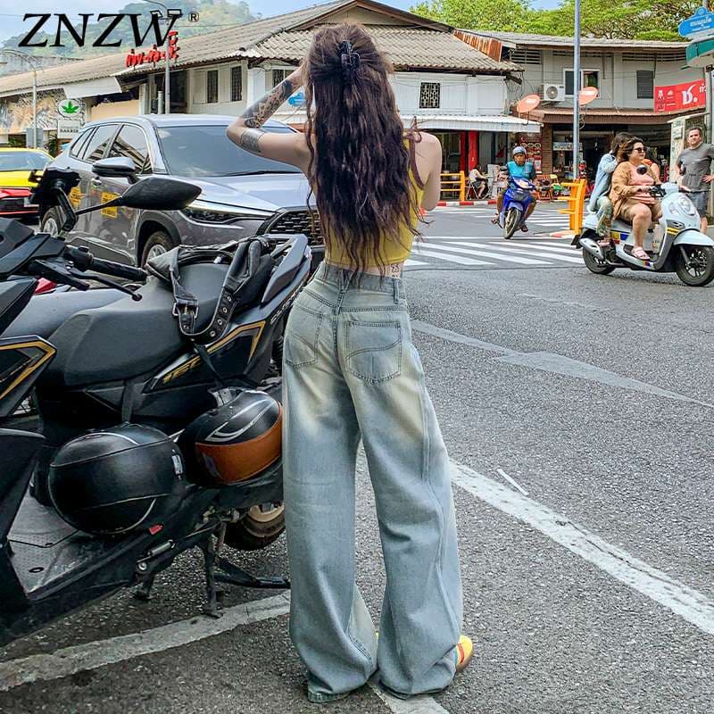 韓国スタイル ストリートワイドデニムパンツ