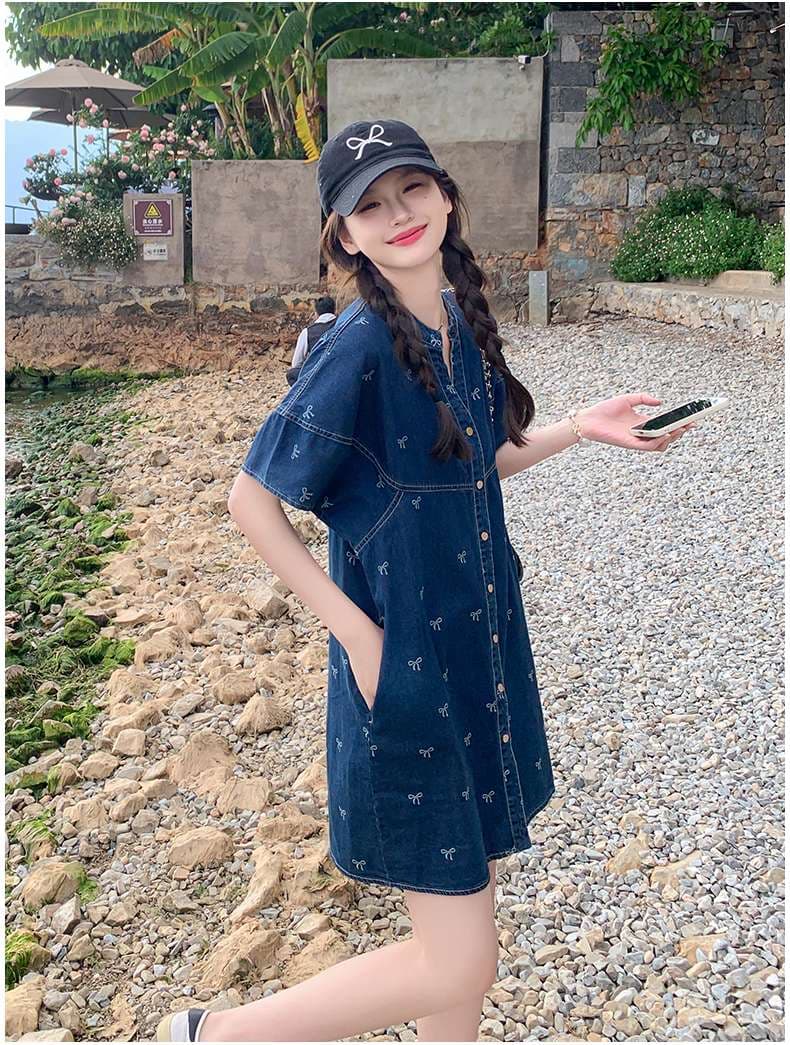 韓国スタイル リボン刺繍デニムシャツワンピース