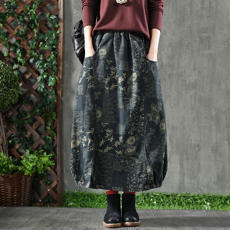 デニムスカート 草花模様ふんわりバルーンスカート