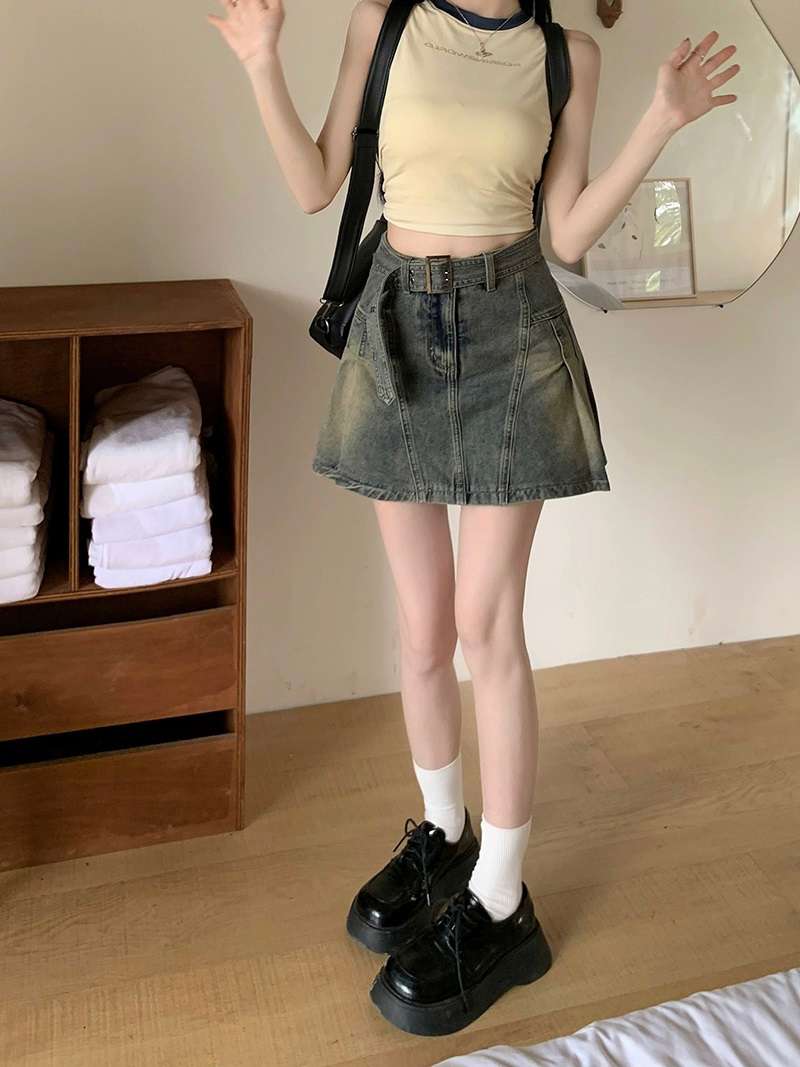 ヴィンテージ風デニムフレアミニスカート