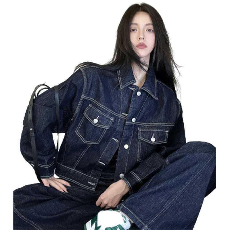 韓国スタイル オーバーサイズデニムジャケット＆ワイドパンツセット