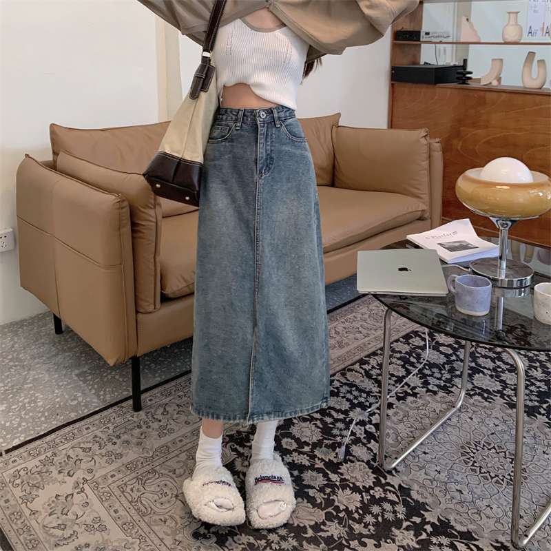 カジュアルスタイル ヴィンテージ風デニムロングタイトスカート