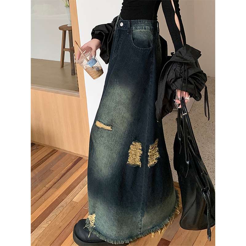 アメカジ風 裾ダメージ加工デニムロングスカート