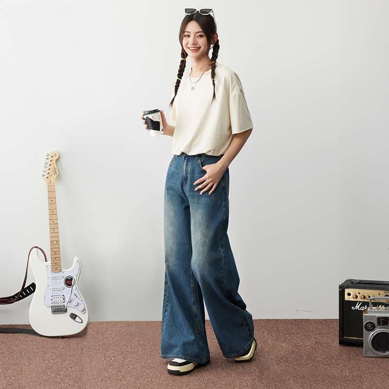 韓国スタイル ワイドレッグ ハイウエストデニムパンツ