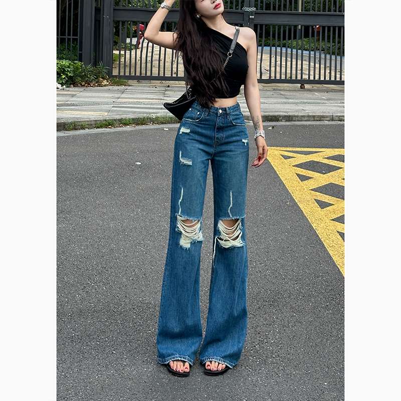 アメリカンスタイル ダメージ加工ワイドフレアデニムパンツ