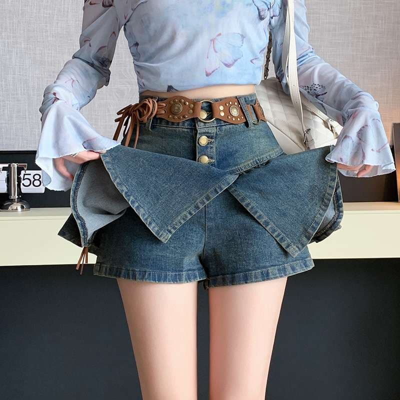 カジュアルスタイル フリルデニムミニスカート