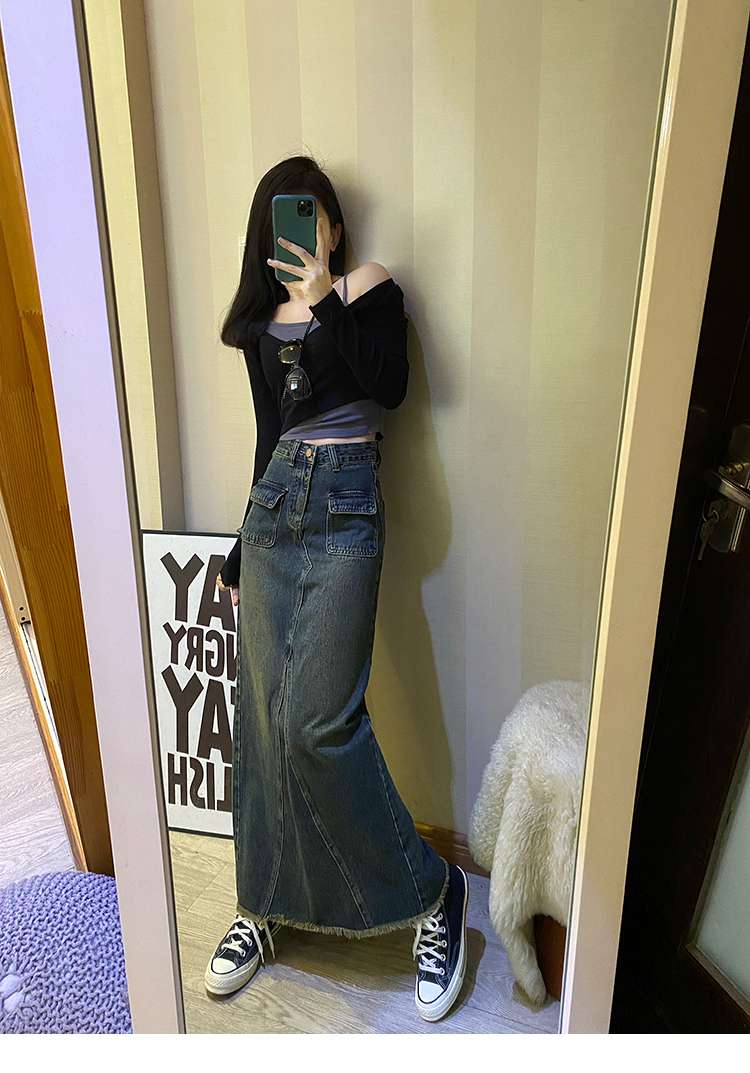韓国スタイル　マキシ丈デニムロングスカート