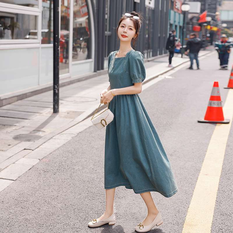 韓国スタイル エレガントパフスリーブデニムマキシワンピース