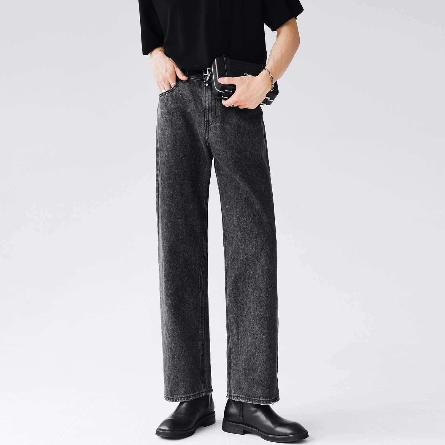 韓国スタイル モダンクラシック ワイドデニムパンツ