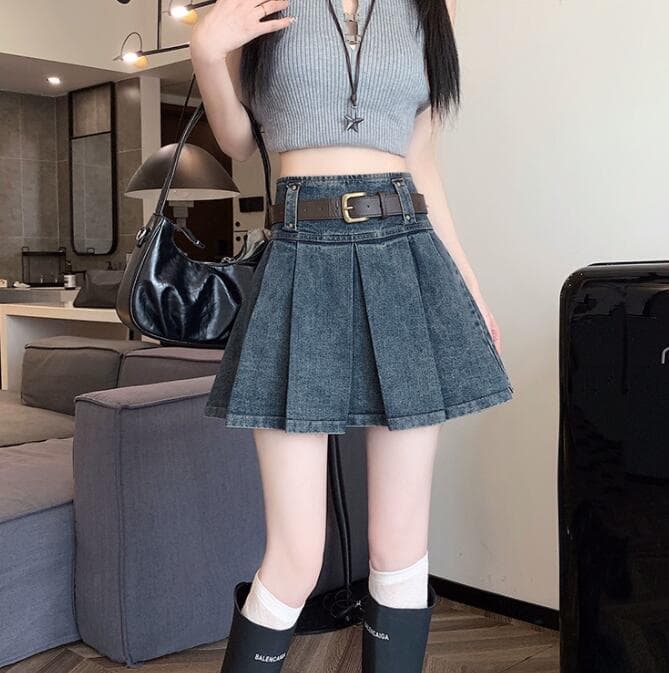 デニムスカート ハイウェストプリーツミニスカート