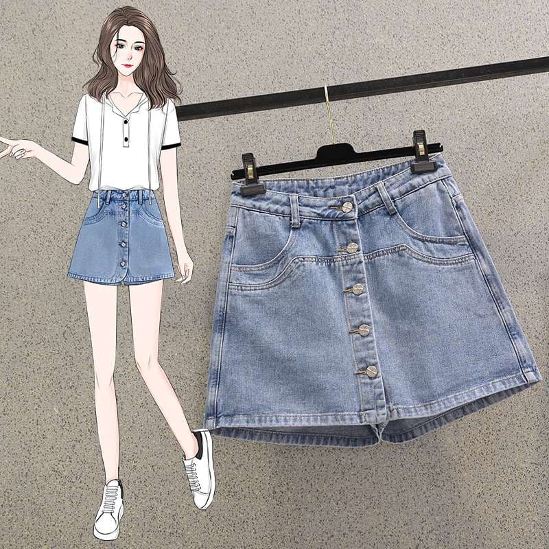 ボタンフロントAラインデニムスカートショーツ