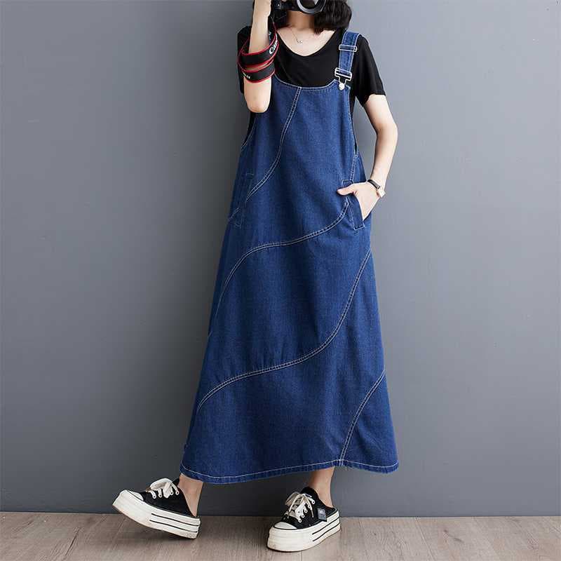 デニムスカート ゆったりオーバーオール風デニムワンピース　サロペット