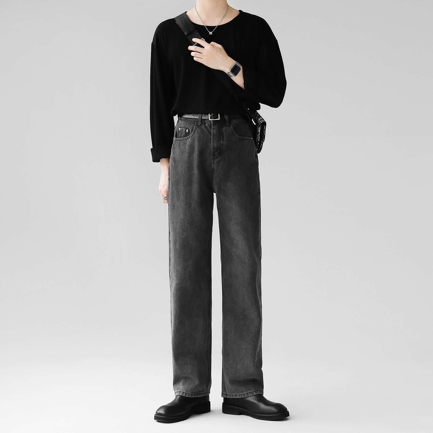 韓国スタイル ハイウエストワイドストレートデニム