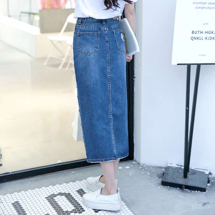 カジュアルスタイル　 ダメージ加工デニムロングタイトスカート