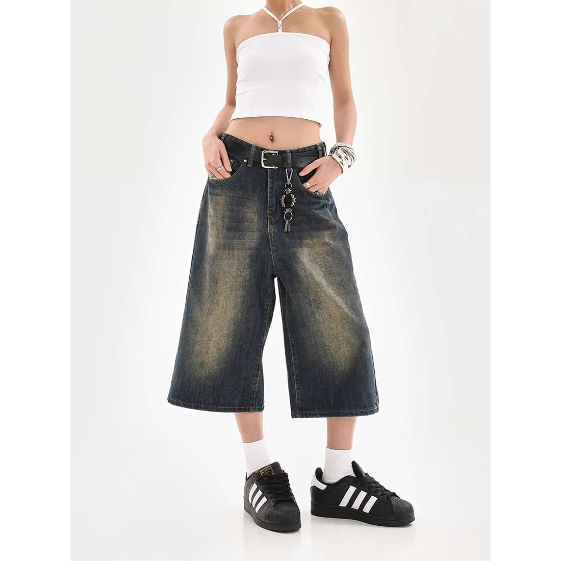 アメリカンスタイル ワイドデニムキュロットパンツ