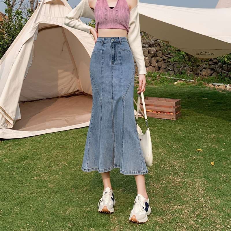 韓国スタイル マーメイドシルエット デニムロングスカート
