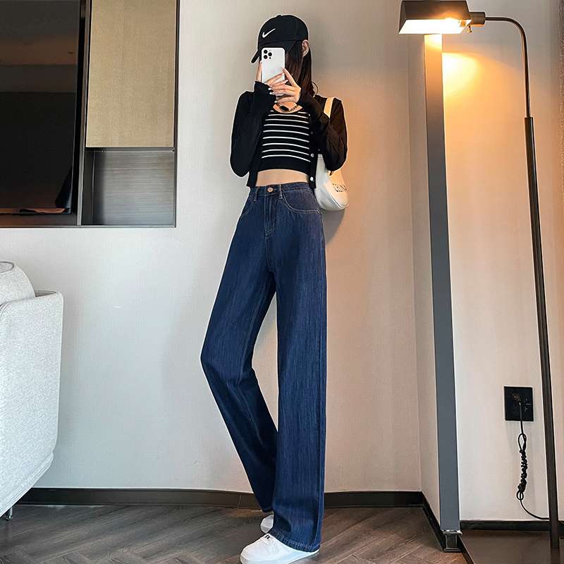 ストリートスタイル ハイウエストワイドレッグデニムジーンズ