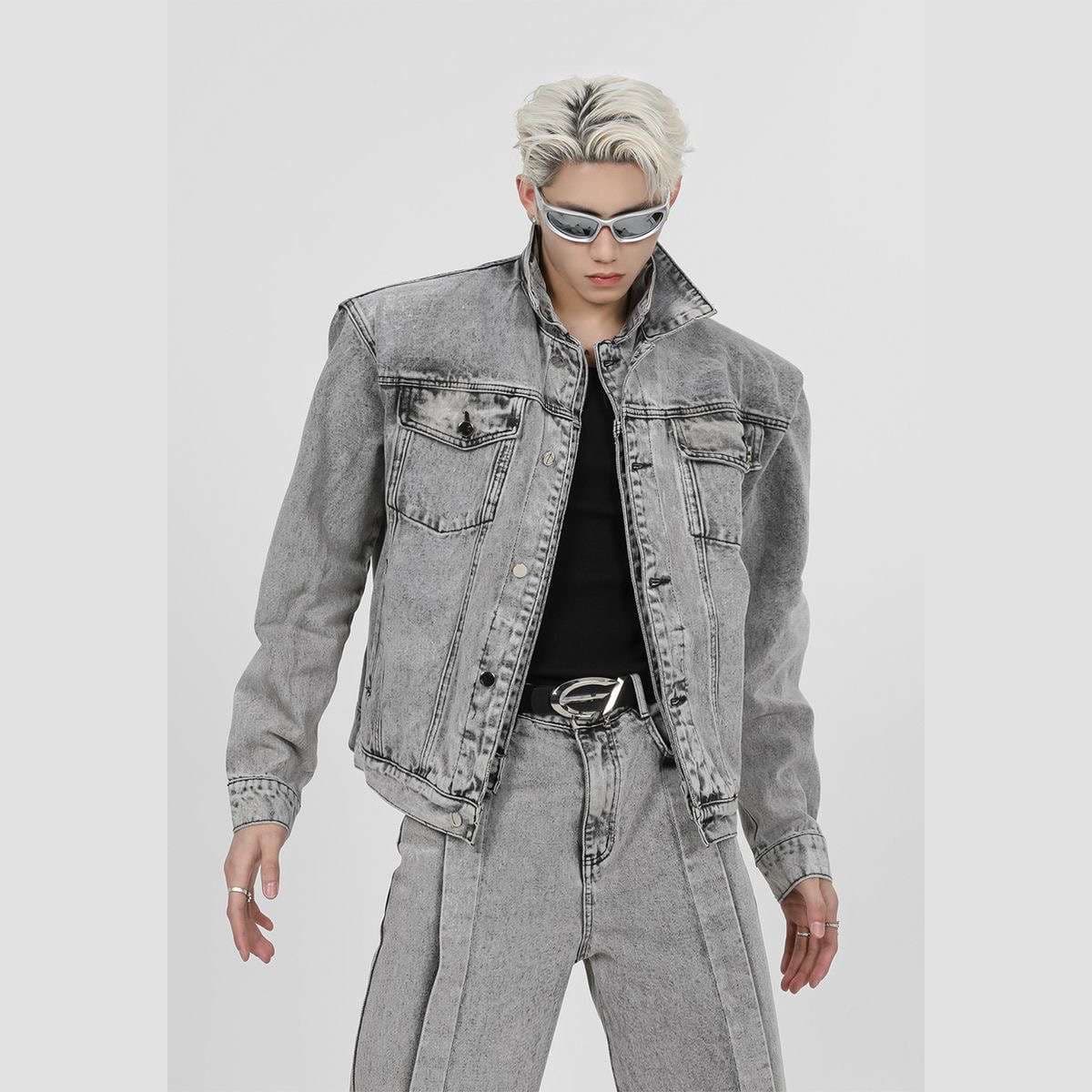 カジュアルスタイル モダンストリートグレーデニムセットアップ