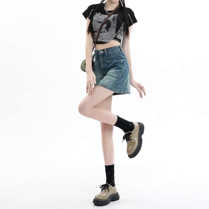 韓国スタイル ヴィンテージウォッシュ ミニデニムスカート