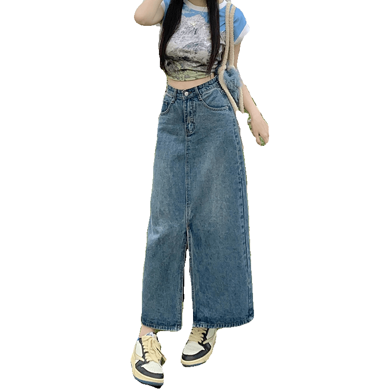 カジュアルスタイル ハイウエストデニムロングタイトスカート