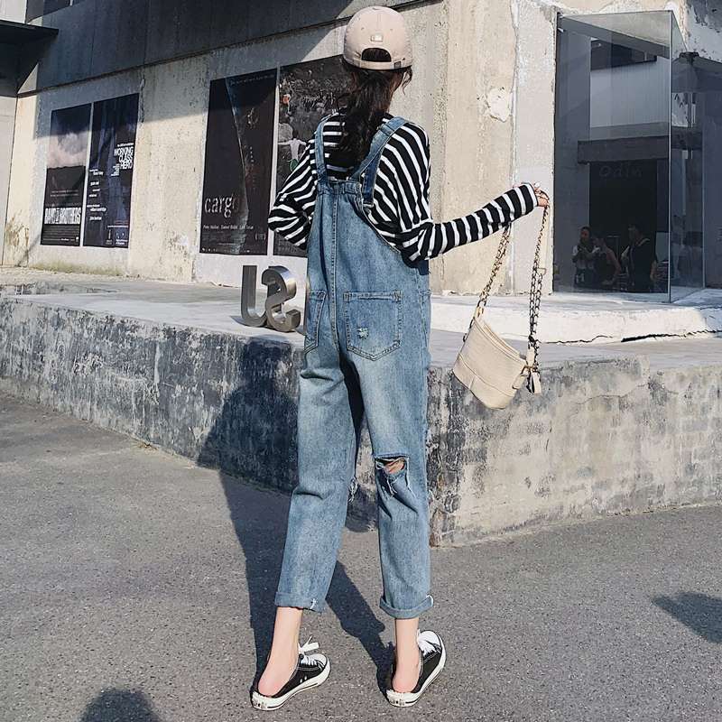 韓国スタイル ヴィンテージ風ダメージ加工デニムオーバーオール
