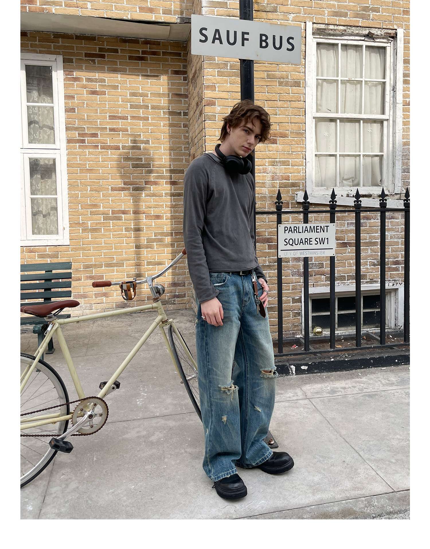 アメリカンスタイル ヴィンテージ風ダメージ加工ワイドデニム