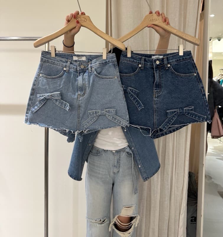 デニムスカート ハイウェスト ミニスカート リボンディテール付き