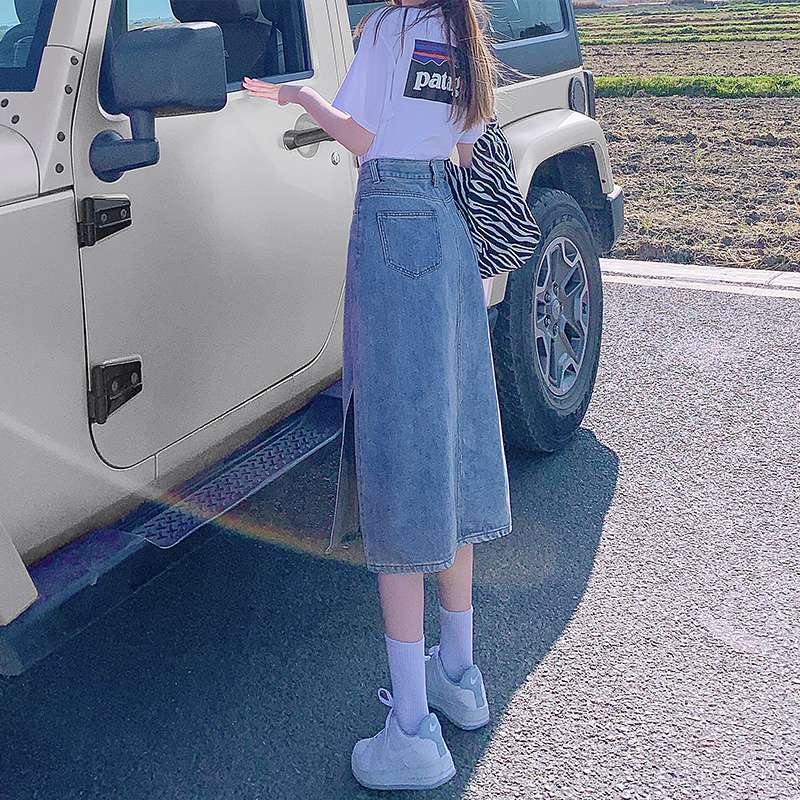 韓国スタイル デニムミディスリットスカート