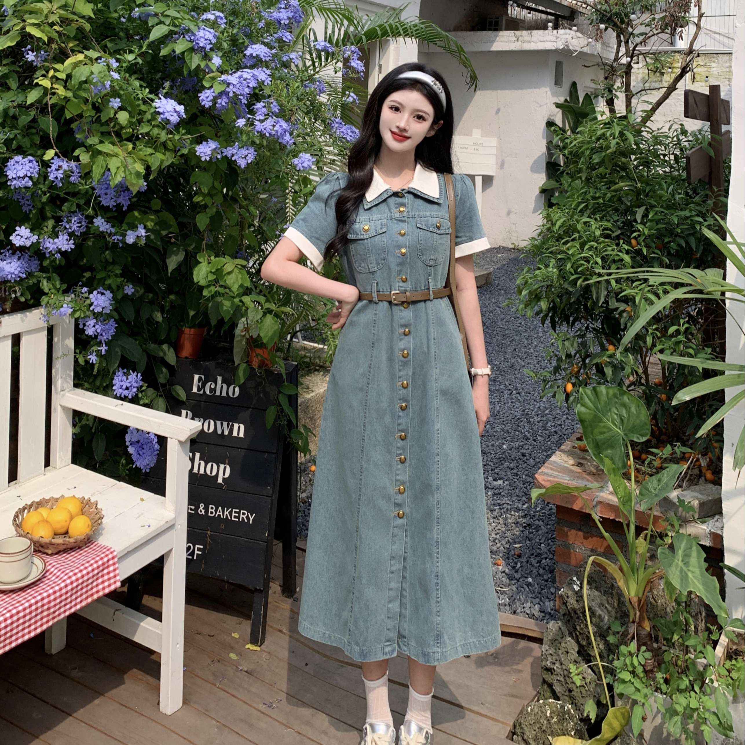韓国レトロシックスタイル 上品 デニムシャツワンピース