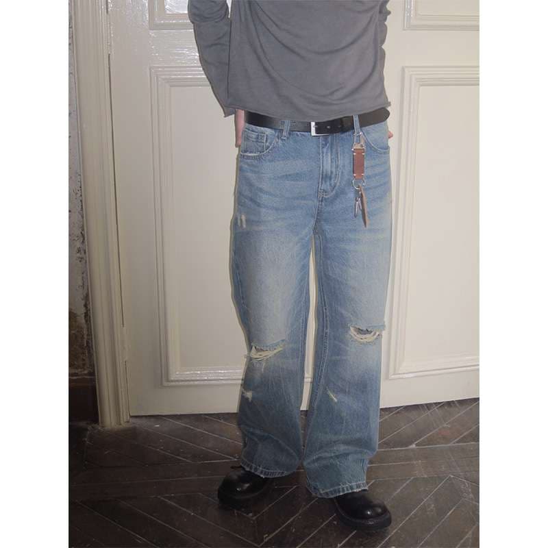 アメリカンスタイル ヴィンテージ風ダメージ加工ワイドデニム