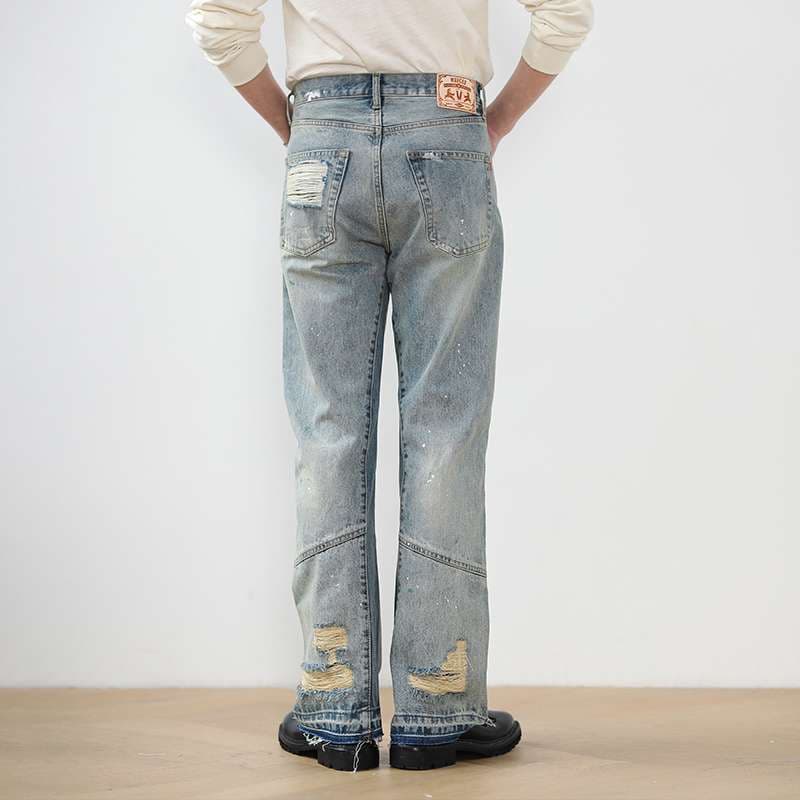 韓国スタイル ビンテージ風ダメージ加工ブーツカットデニム