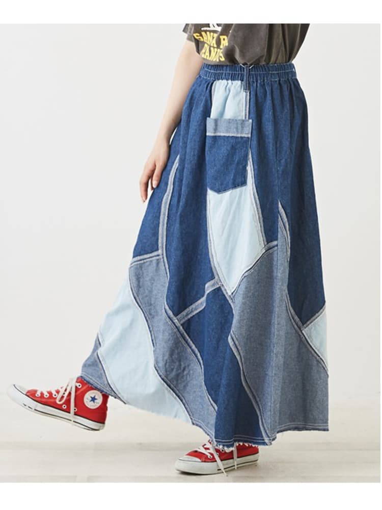 デニムスカート パッチワーク風デニムロングフレアスカート