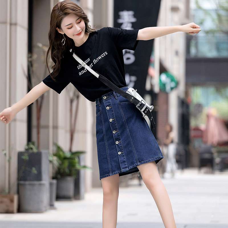 フロントボタンAラインデニムスカート