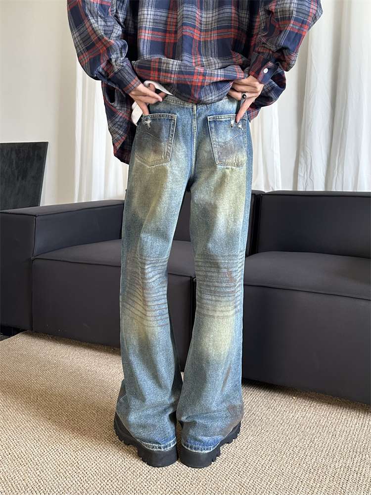 デニム  ダメージ加工ワイドストレートジーンズ