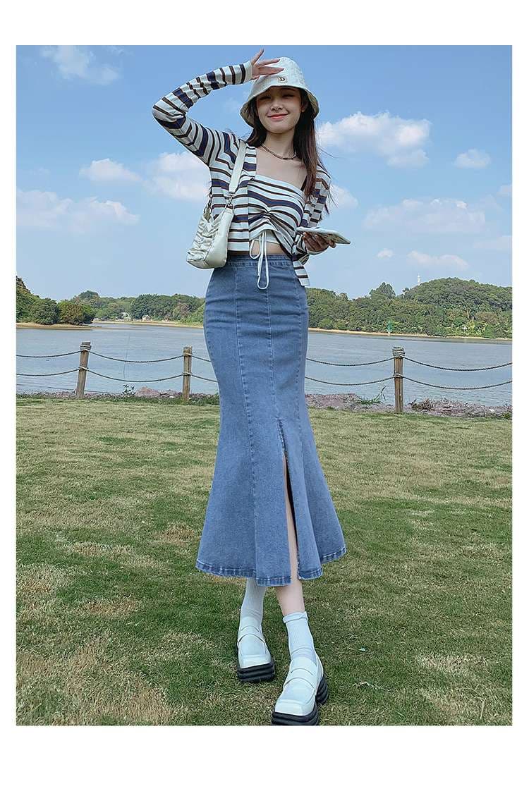 カジュアルスタイル　大人可愛いマーメイドデニムスカート