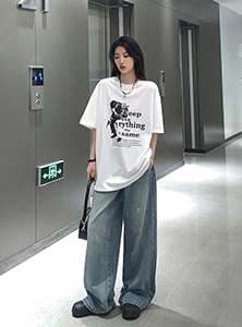 カジュアルスタイル オーバーサイズ ワイドデニムパンツ