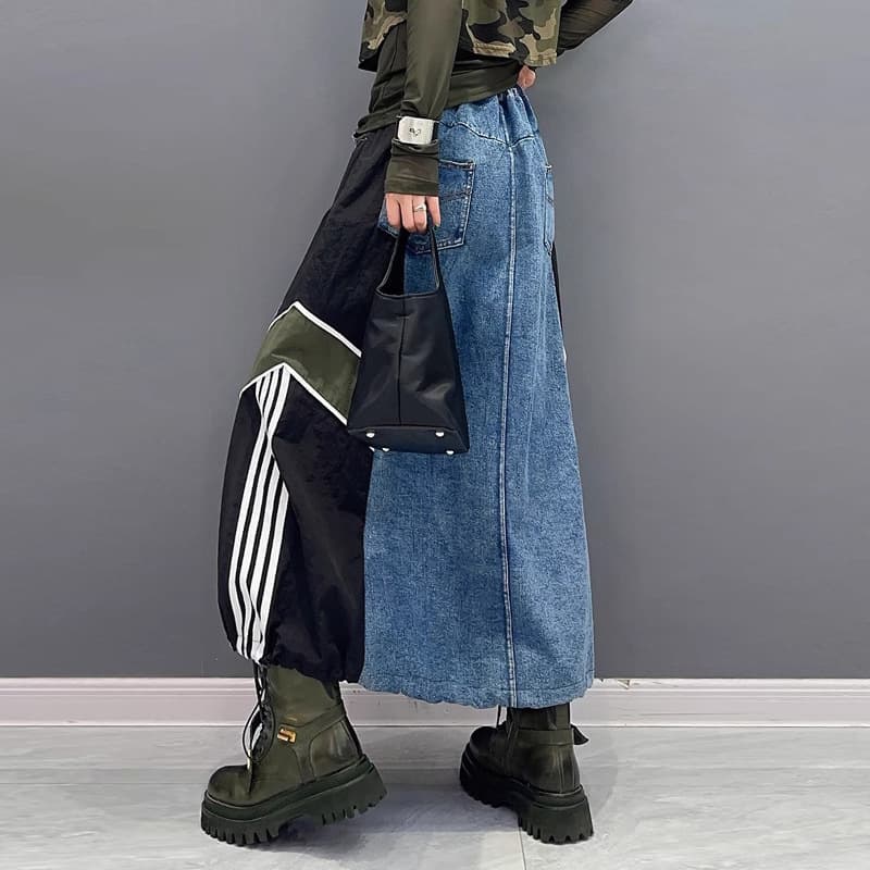 デニムスカート 異素材切替デニムロングスカート