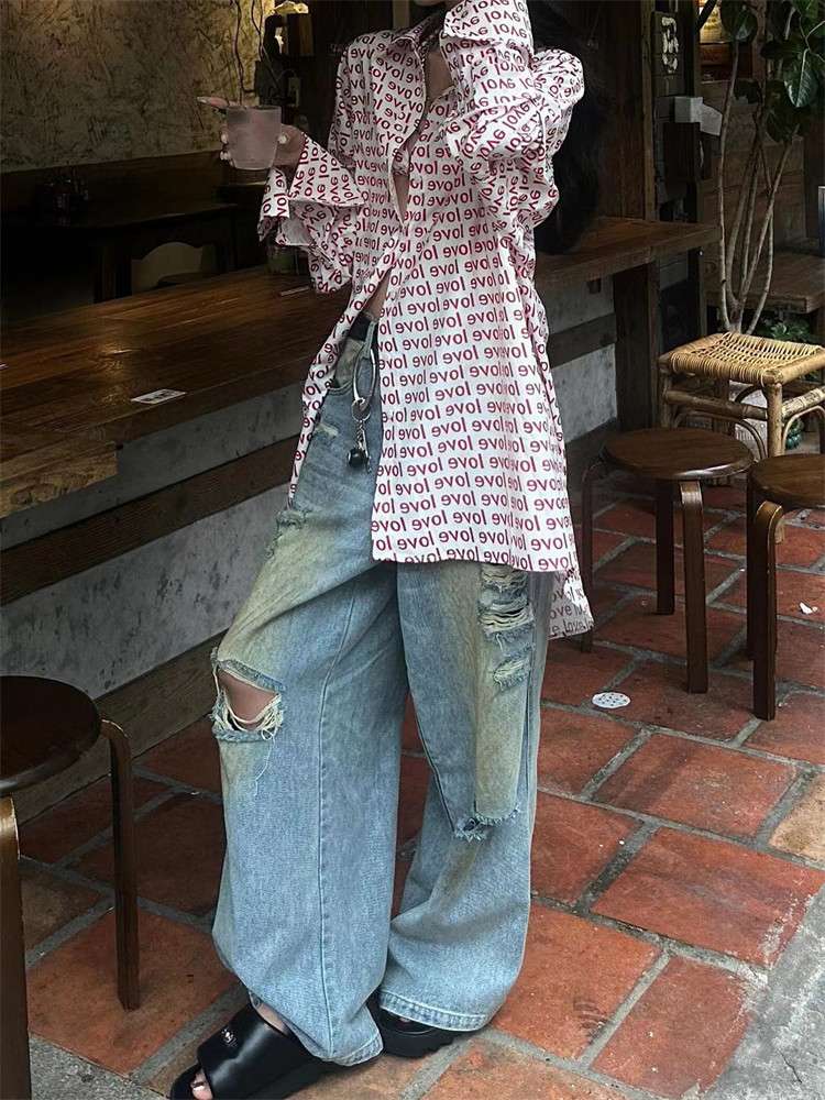 韓国スタイル 風ヴィンテージダメージワイドデニム
