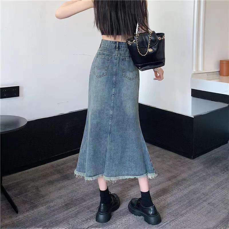 韓国スタイル ヴィンテージ風マキシデニムスカートマーメイド