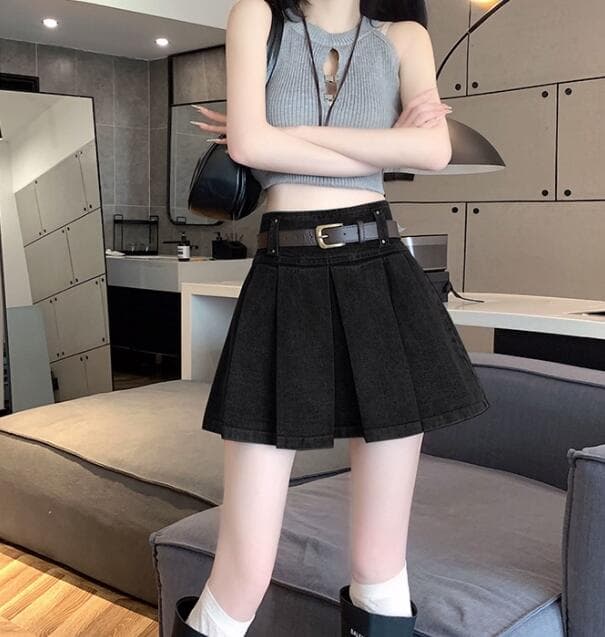 デニムスカート ハイウェストプリーツミニスカート